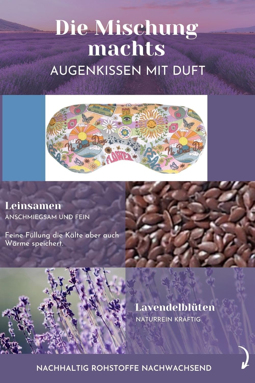 Bio-Bio Augenkissen Lavendel & Leinsamen "Flower-Power" zur Entspannung, zum Kühlen, erwärmen oder f