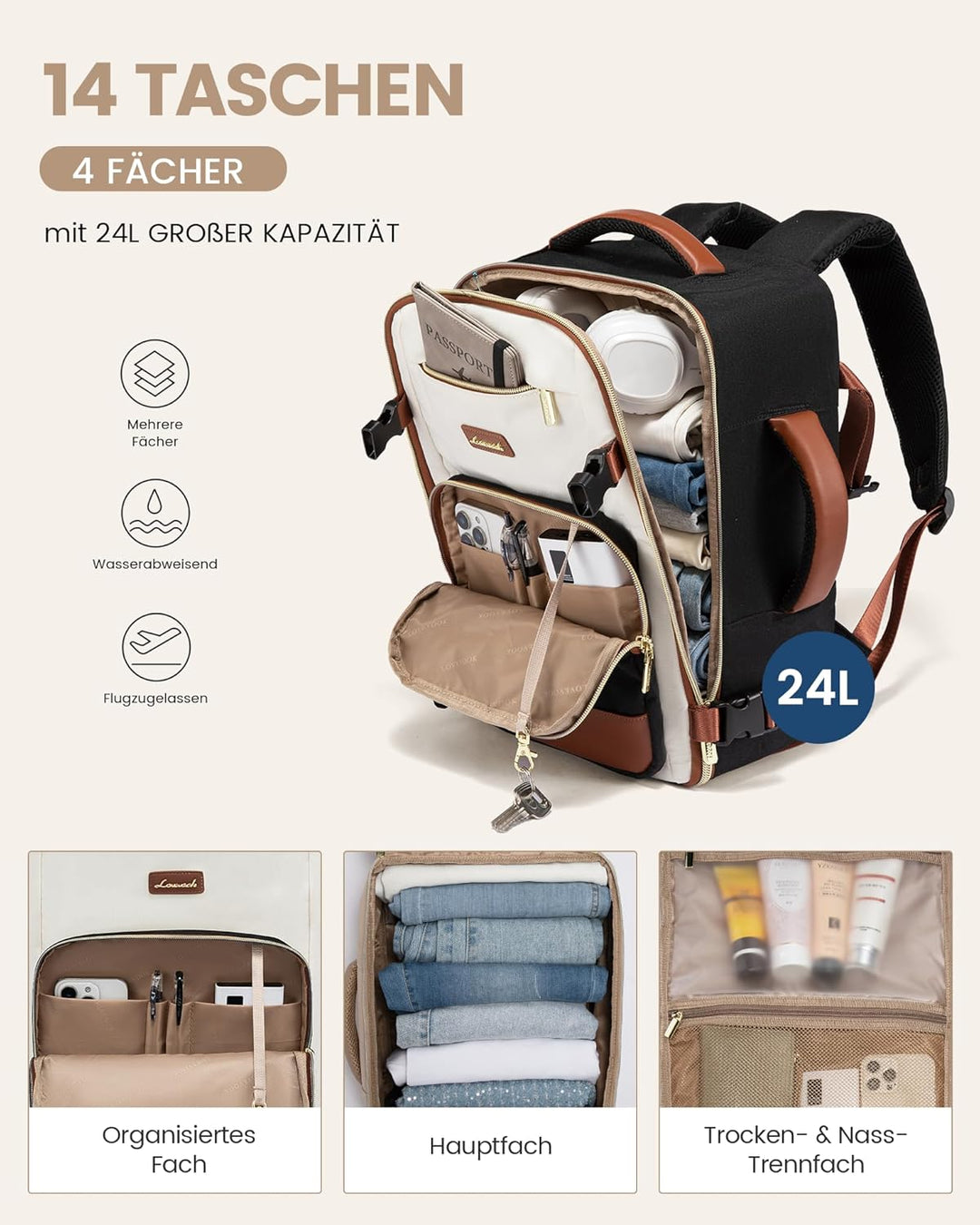 LOVEVOOK Ryanair Handgepäck 40x30x20, 24L Reiserucksack Damen, Handgepäck Rucksack Ryanair, Rucksack