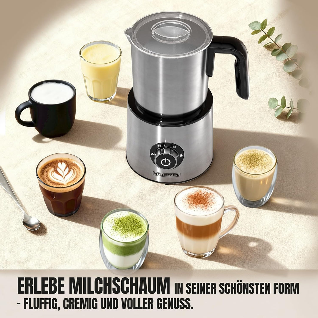 Heinrich´s Milchaufschäumer, 250ml Kapazität, Elektrischer 4in1 Milchaufschäumer, 360° drehbare Basi