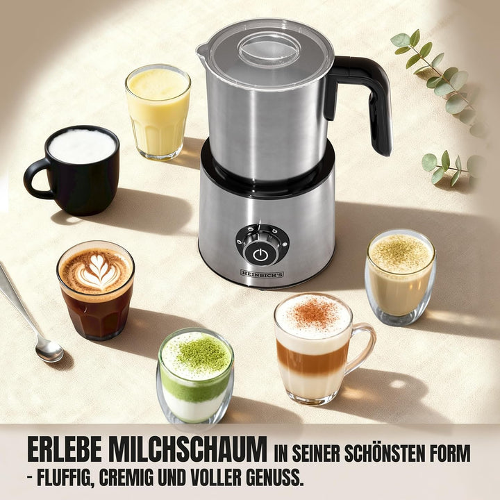 Heinrich´s Milchaufschäumer, 250ml Kapazität, Elektrischer 4in1 Milchaufschäumer, 360° drehbare Basi