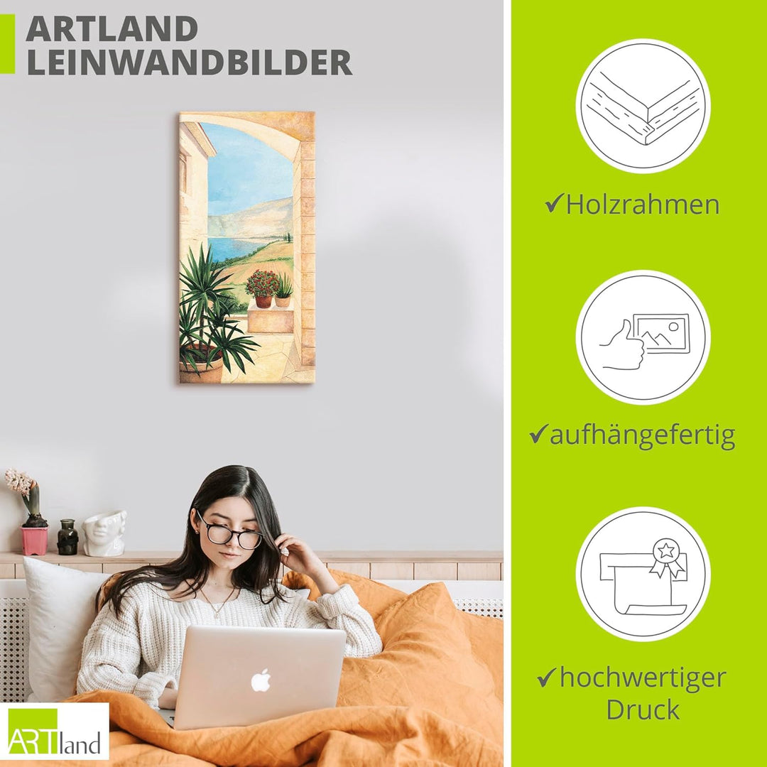 ARTLAND Wanddeko Leinwand Bilder Wandbild Landschaften Fensterblick Italien Malerei Creme A5DK Blick