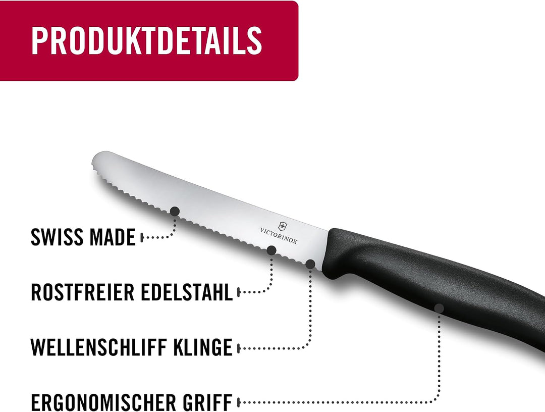 Victorinox 6 Stück Tafelmesser Brotzeitmesser Swiss Classic (Schwarz, One Size) Schwarz