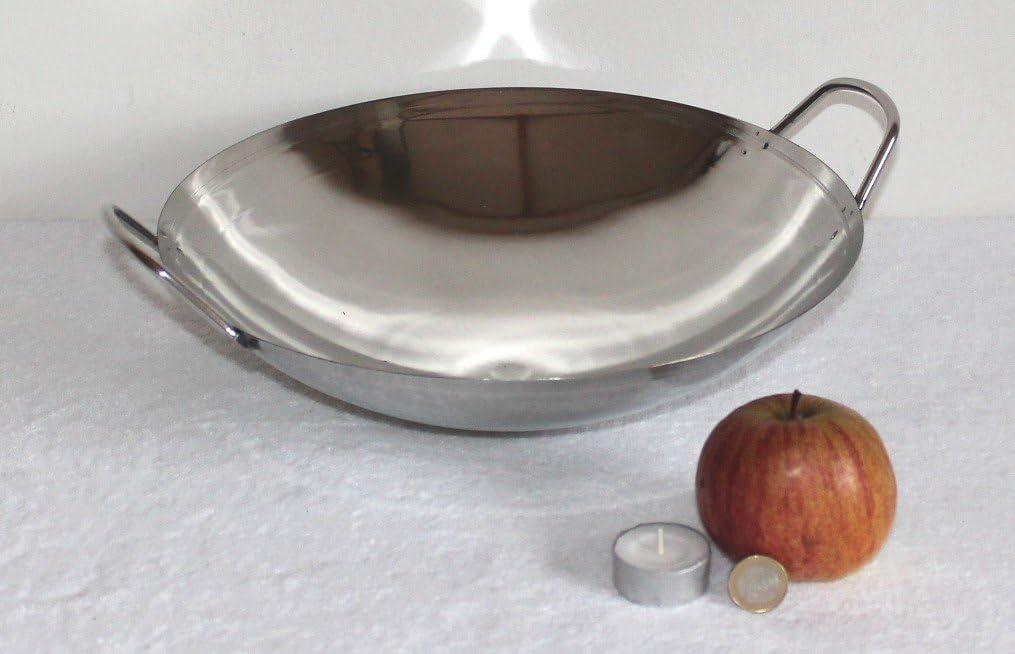 AAF Nommel Wok Pfanne Edelstahl 31 cm Durchmesser mit 2 Griffen/Henkeln mit rundem Boden für Gas, Ga