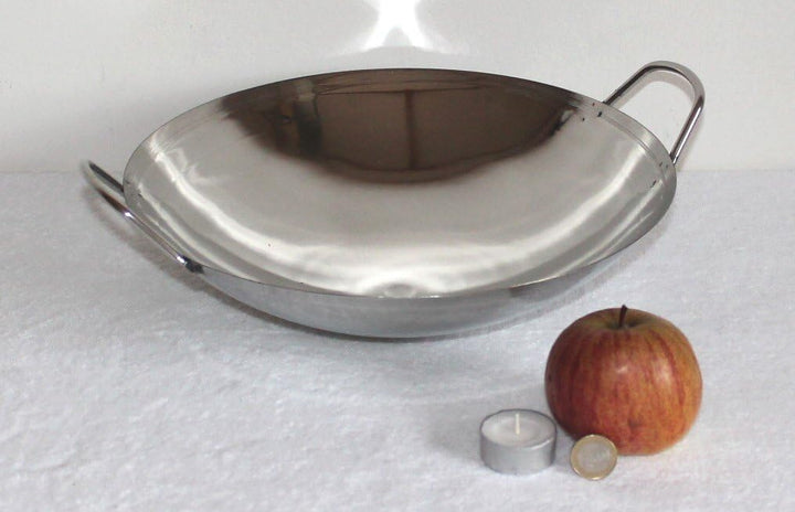 AAF Nommel Wok Pfanne Edelstahl 31 cm Durchmesser mit 2 Griffen/Henkeln mit rundem Boden für Gas, Ga