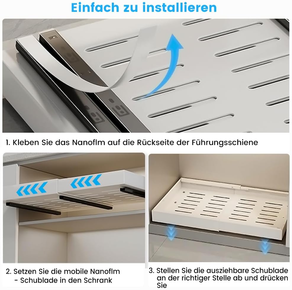 Teleskopschublade, Ausziehbare Schublade Küche, Küchenschrank Organizer, Weiss, 31-52 cm B x 43 cm T