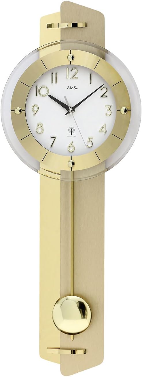 AMS. Pendelwanduhr 5267, Funk, Gold, Holzgehäuse mit Messing-Applikation, Mineralglas, Made in Germa