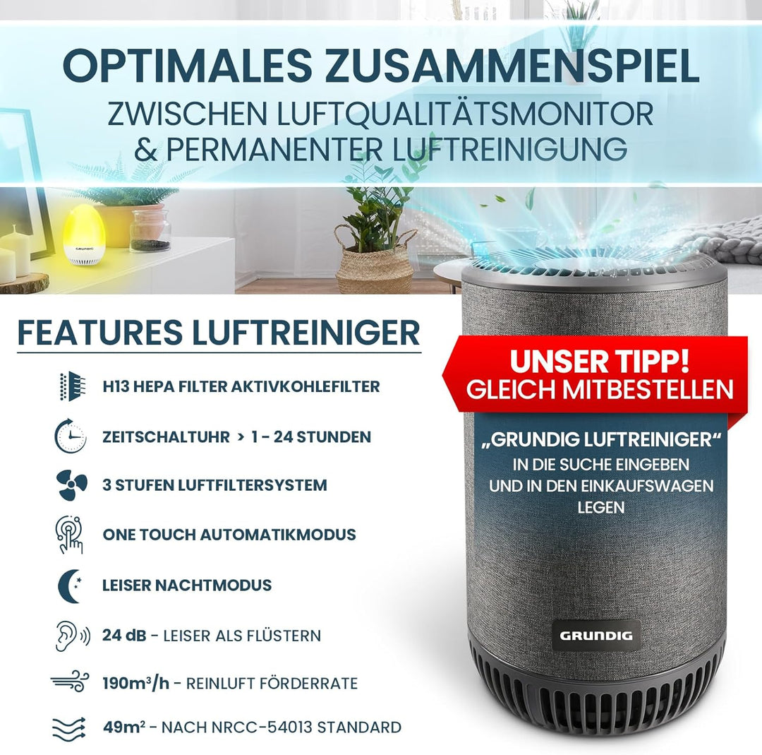 GRUNDIG CO2 Messgerät Ampel - Kalibrierungsautomatik, Akku Betrieb, Signal für Stosslüften - mobiles