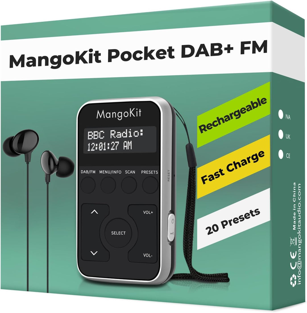 MangoKit Kleines Tragbares Mini DAB/DAB+/UKW-Radio,Digitales Taschenradio mit Kopfhörer,Wiederauflad