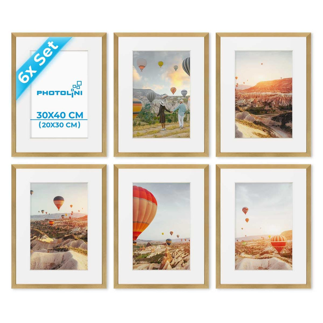 PHOTOLINI Bilderrahmen 30x40 Holz MDF Gold, 6er Set Bilderrahmen 40x30 cm mit Passepartout, bruchsic