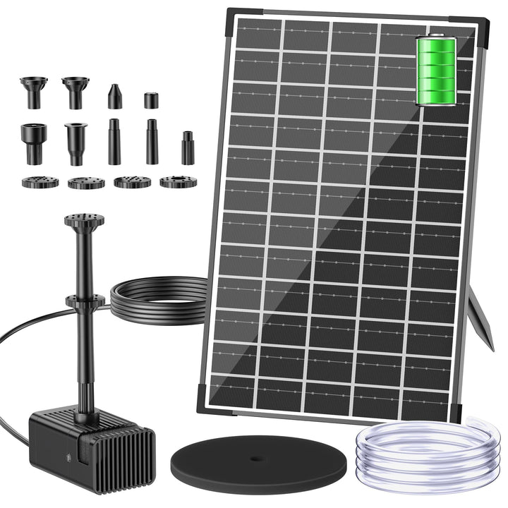 Biling 12W Solar Springbrunnen für aussen mit 5000 mAh Akku, Leise 300 l/h Teichpumpe Solar mit 8 Dü