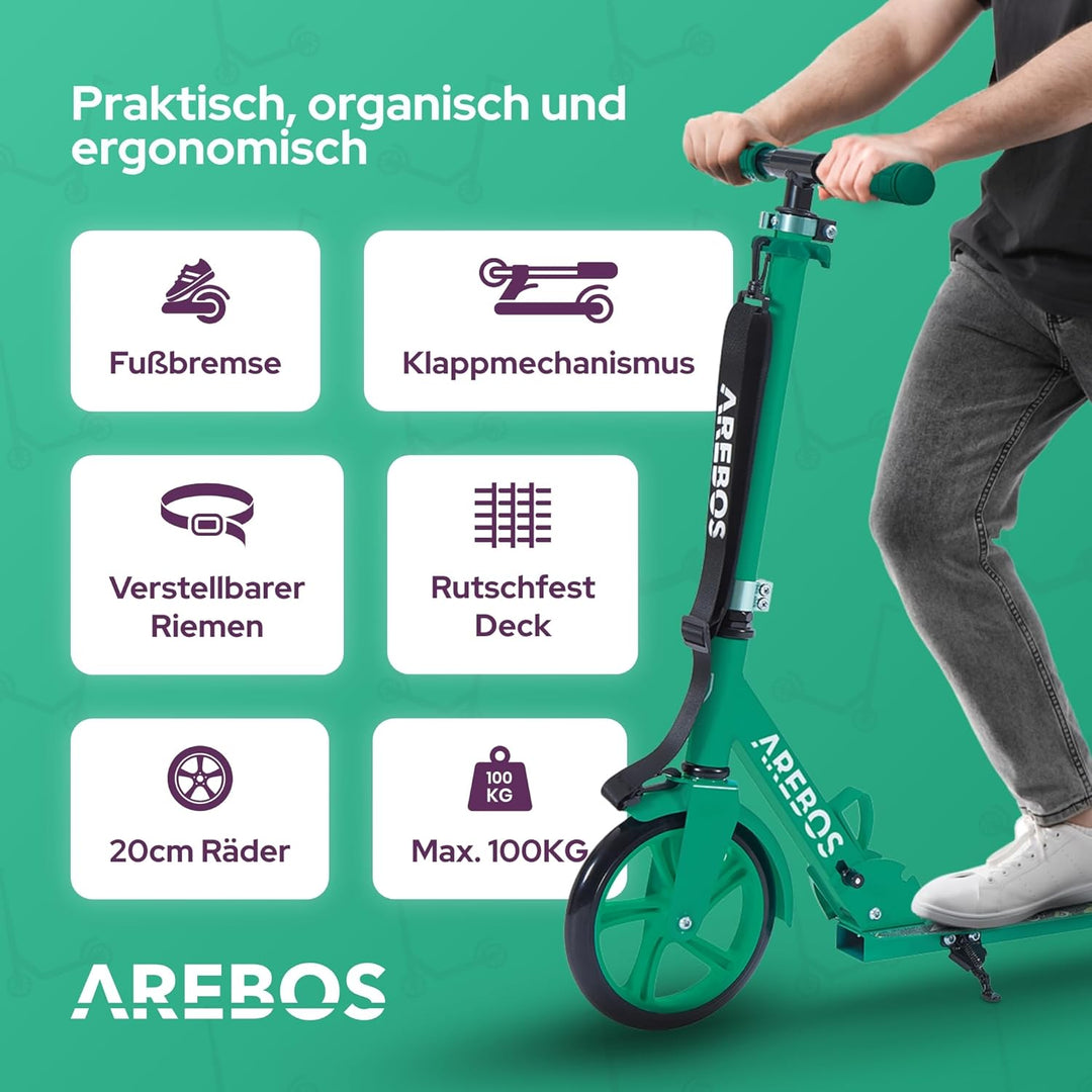 Arebos Cityroller Tretroller Scooter höhenverstellbar | klappbar | inkl. Traggurt | XXL Räder | Trit