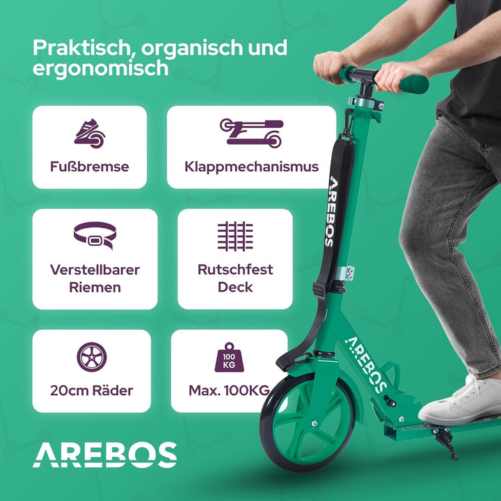 Arebos Cityroller Tretroller Scooter höhenverstellbar | klappbar | inkl. Traggurt | XXL Räder | Trit
