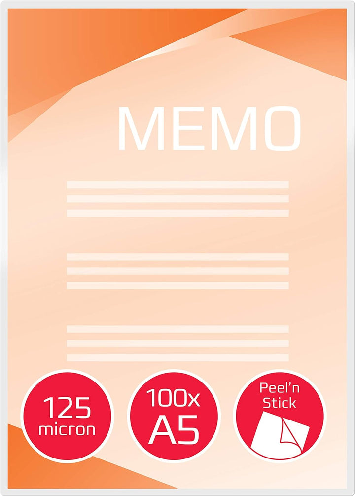 GBC selbstklebende Laminierfolien A5 125 mic, Peel'nStick, Robuste Laminiertaschen im 100er Pack, Gl