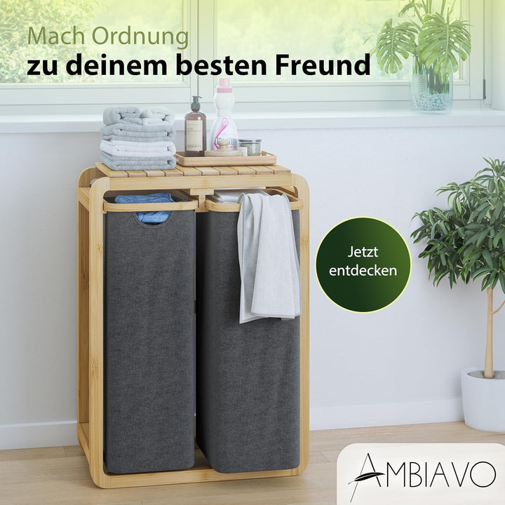 Wäschekorb 2 Fächer grau 100 L – Platzsparendes Design – 50L pro Fach - Stabile Bambuskonstruktion –