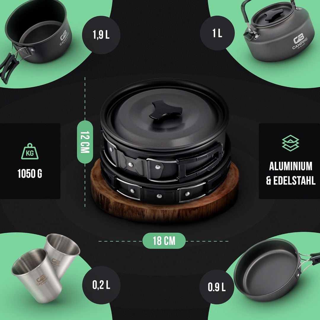 Camping in Black - Campinggeschirr Set - Kochgeschirr für 2 Personen aus Aluminium und Edelstahl