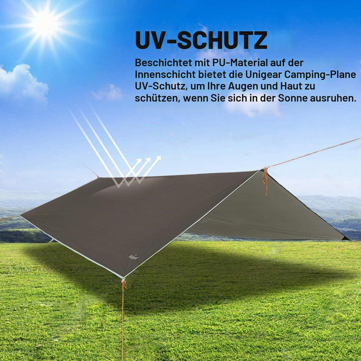 Unigear Tarp 3x3 3x4 3x5 4x4 wasserdicht, Zeltplane für Hängematte mit Ösen + 6/8 Erdnägel + 6/8 Sei
