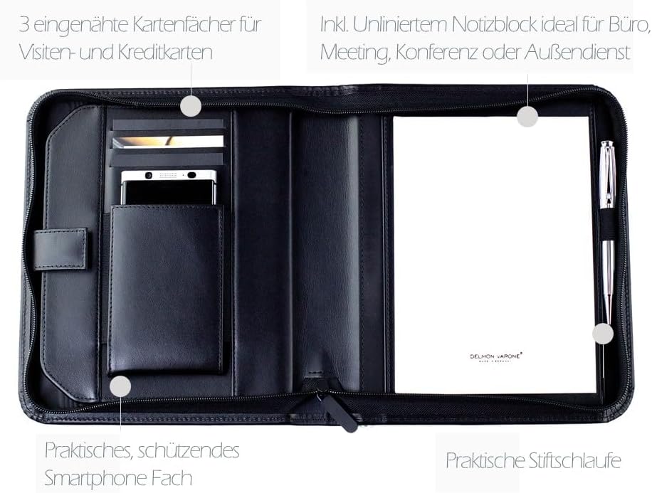 DELMON VARONE - Personalisierbare Tablet und Smartphone Schreibmappe DIN A5 aus Premium Boxcalf Lede