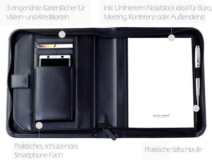 DELMON VARONE - Personalisierbare Tablet und Smartphone Schreibmappe DIN A5 aus Premium Boxcalf Lede