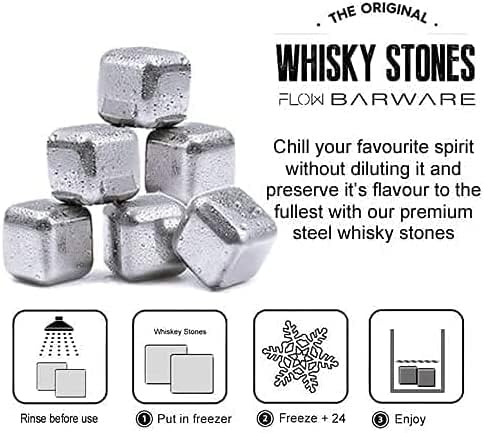 FLOW Barware Whisky-Steine, Geschenk-Set mit Eiszange und Aufbewahrungstasche, Wiederverwendbare Eis