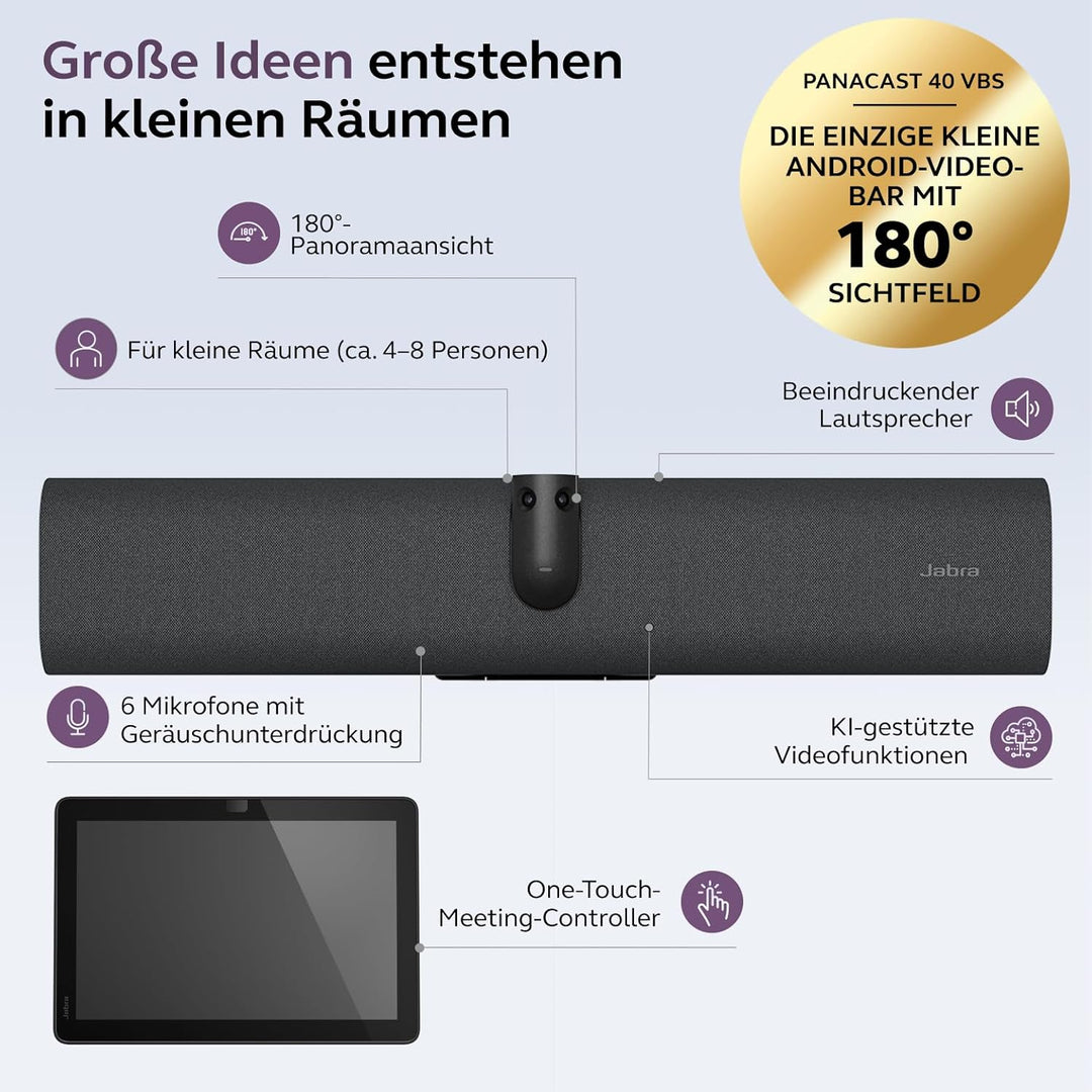 Jabra PanaCast 40 Video Bar System (VBS) Android-Videoleiste und Touch-Controller für kleine Besprec