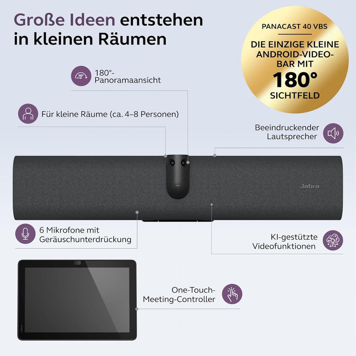 Jabra PanaCast 40 Video Bar System (VBS) Android-Videoleiste und Touch-Controller für kleine Besprec