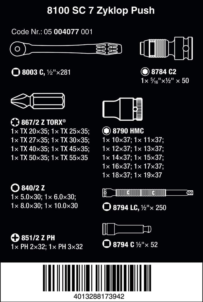 Wera 05004077001 8100 SC 7 Zyklop Metal-Knarrensatz, Durchsteckvierkant, 1/2 Zoll -Antrieb, metrisch