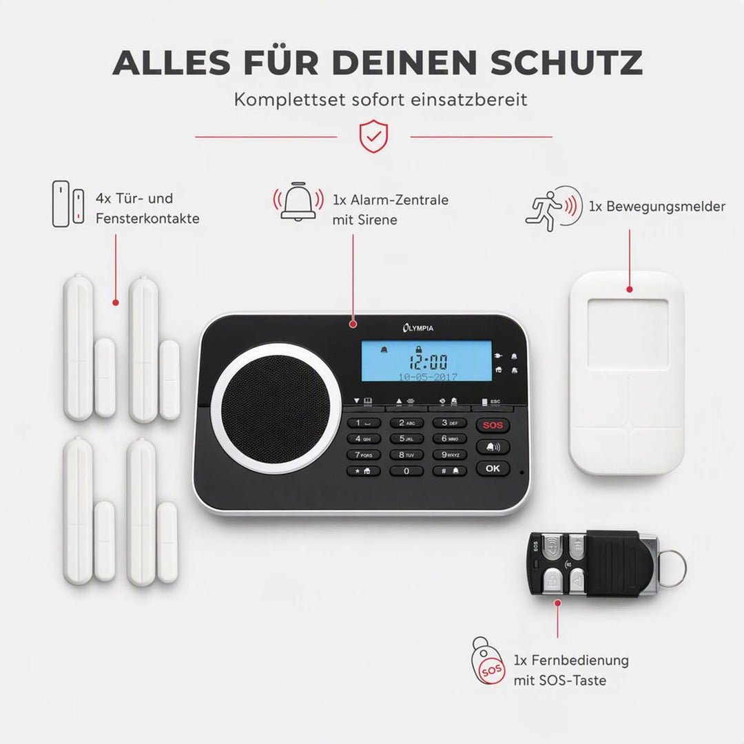 OLYMPIA Protect 9761 GSM Haus Alarm Alarmanlagen-Set mit 4 Tür-/Fensterkontakten 1 Bewegungselder un