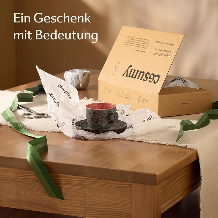 Cosumy Espressotassen mit Untertassen 4er Set - 90 ml Keramik, 𝗗𝗶𝗰𝗸𝘄𝗮𝗻𝗱𝗶𝗴𝗲𝘀 Steingut mit Handgeferti