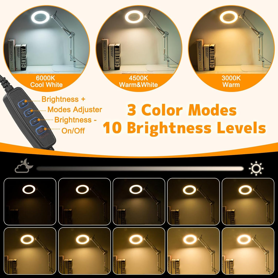 2-in-1 Lupe mit Licht und Ständer, Jubor 15X 10X LED Lupenleuchte mit Klemme und Basis, Schreibtisch