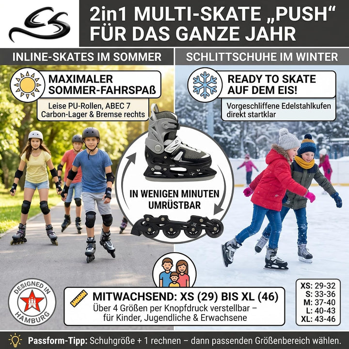 Cox Swain Push 2in1 Inliner &amp; Schlittschuhe - Grössenverstellbare Kombi Skates &amp; Eislaufschuhe für K