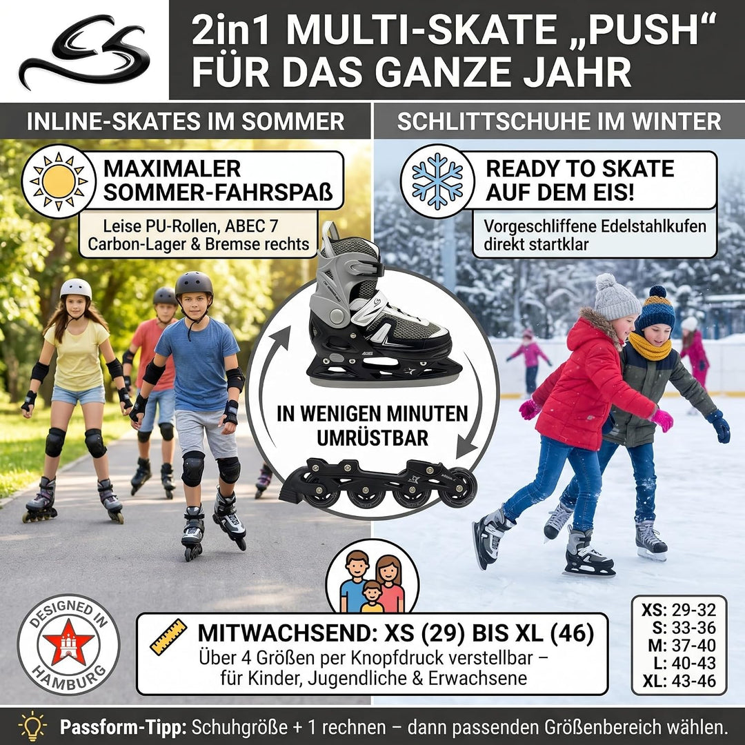 Cox Swain Push 2in1 Inliner &amp; Schlittschuhe - Grössenverstellbare Kombi Skates &amp; Eislaufschuhe für K