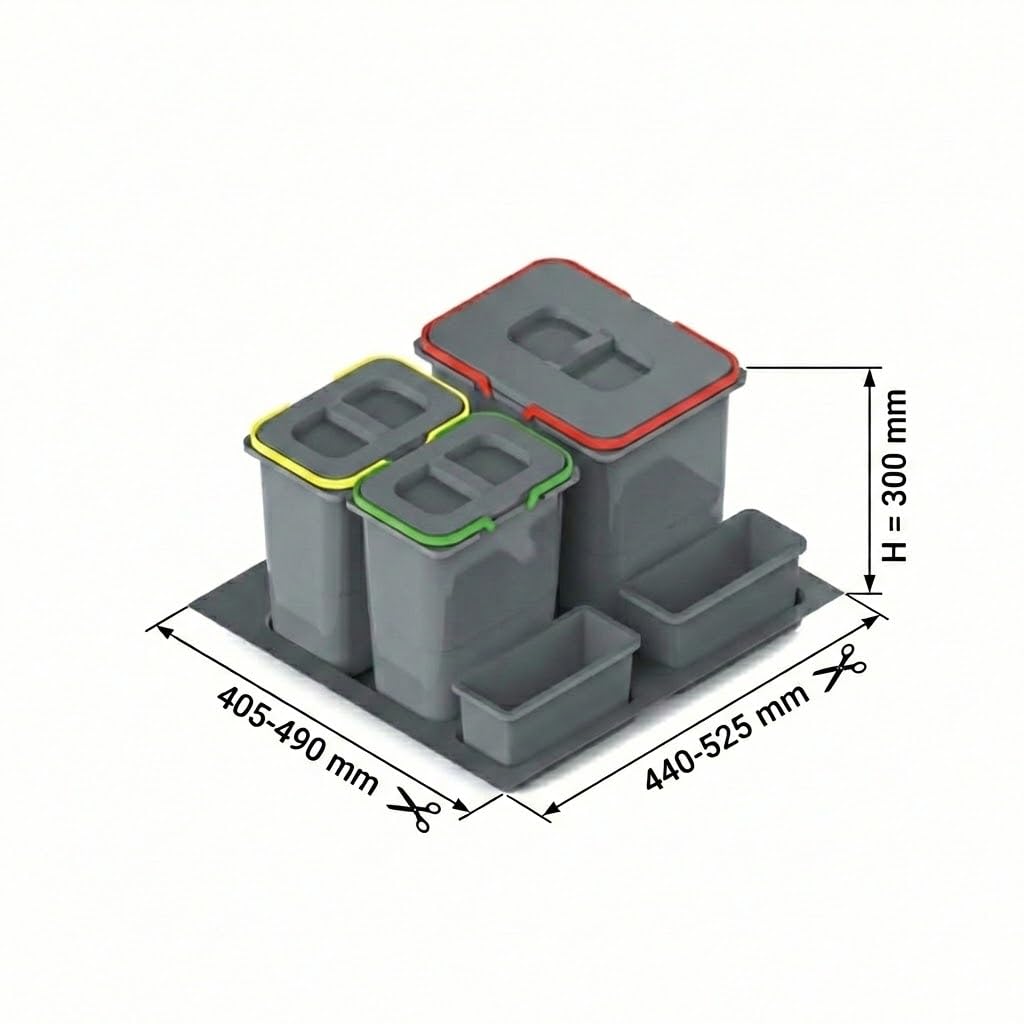Mülltrennsystem Küche für 60 cm Schrank 3-fach 52,5x49x30 cm (1x 15L + 2x 7L) mit Deckel Einbau Abfa
