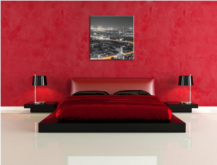 Pixxprint Lichtermeer Grossstadt bei Nacht schwarz/weiss, Format: 70x70 auf Leinwand, 70x70