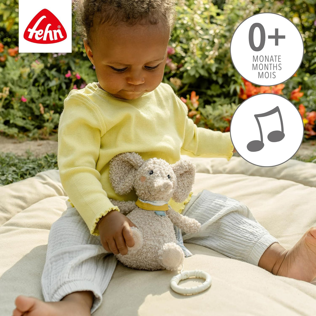 Fehn Mini-Spieluhr Elefant Erik – Kuscheltier & Einschlafhilfe für Babys | Aufzieh-Spieluhr mit sanf
