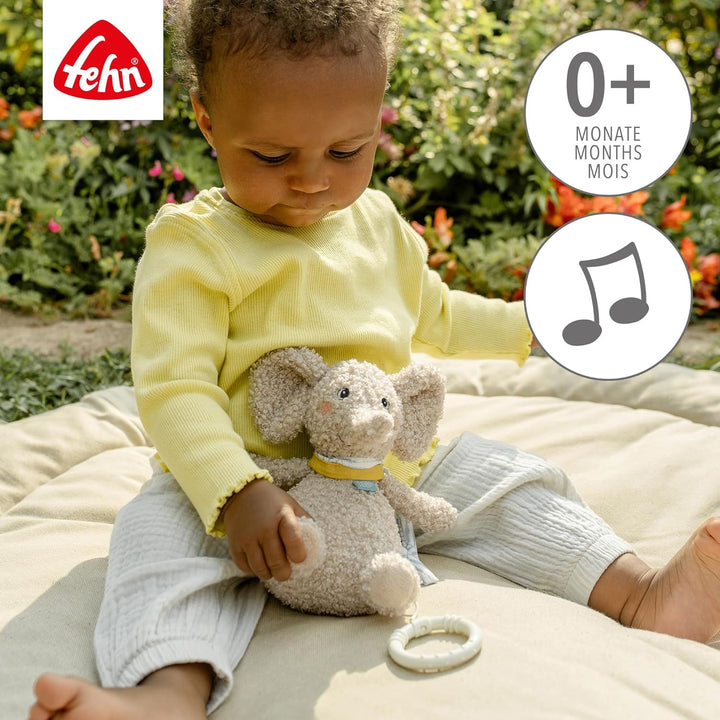 Fehn Mini-Spieluhr Elefant Erik – Kuscheltier & Einschlafhilfe für Babys | Aufzieh-Spieluhr mit sanf