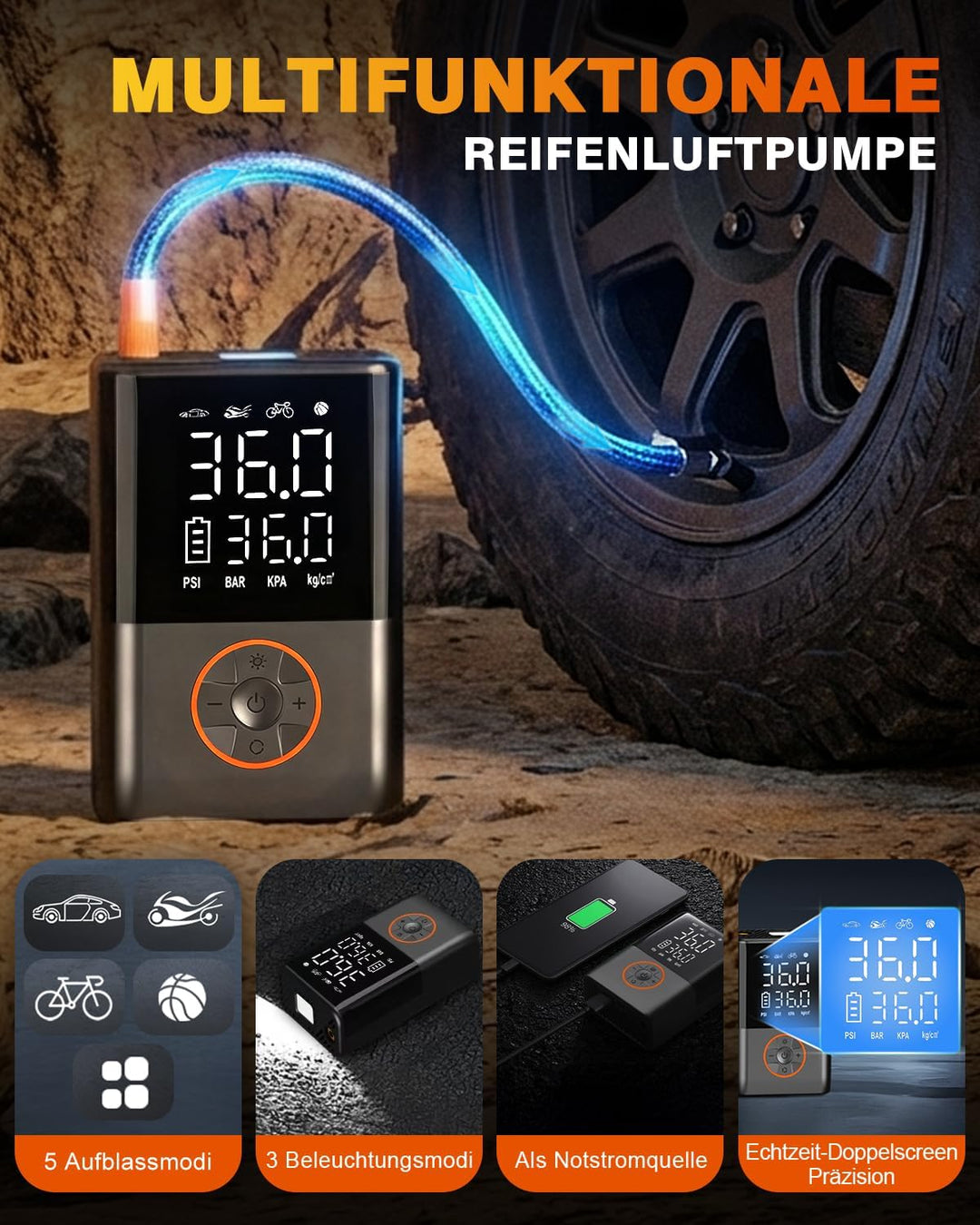 Kabelloser Elektrische Luftpumpe, 150 PSI 5400mAh, kabellose Mini Luftpumpe für Auto, Motorrad, E-Bi