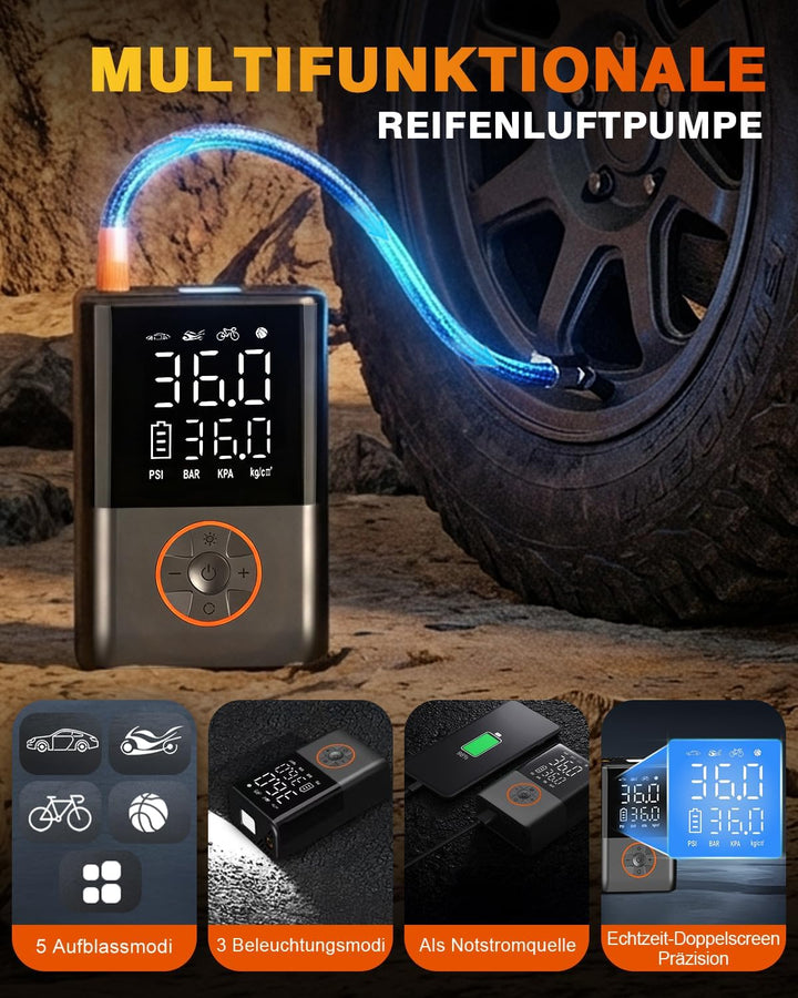 Kabelloser Elektrische Luftpumpe, 150 PSI 5400mAh, kabellose Mini Luftpumpe für Auto, Motorrad, E-Bi