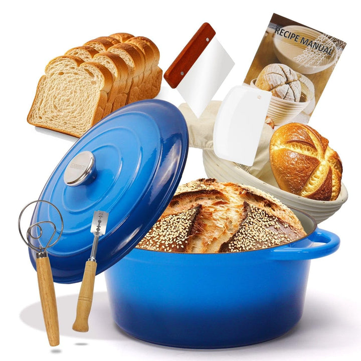 Gusseisen Topf Brot Backen inkl. Gärkorb, 26cm Emaille Bräter mit Deckel Schmortopf Gusseisen, Brot