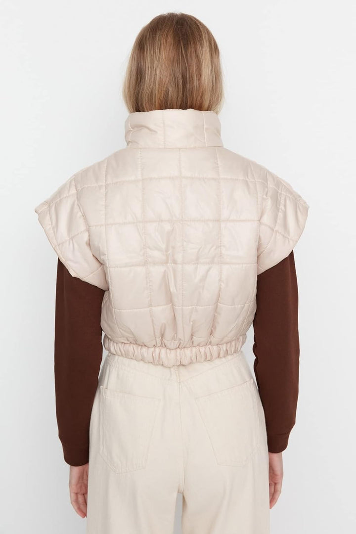 TRENDYOL Damen Standing Collar Plain Oversize Vest Sweater S Stone, S Stone