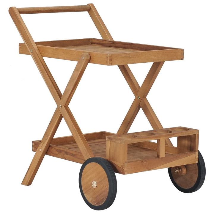 Teewagen Massivholz Teak mit Ablageflächen und Flaschenhalter, kompakter Servierwagen aus robustem T