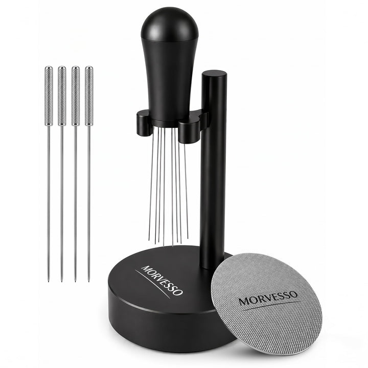 WDT Tool Espresso Verteiler mit Puck Screen 58,5mm Siebträger Set | 8 feine Edelstahl-Nadeln 0,35mm