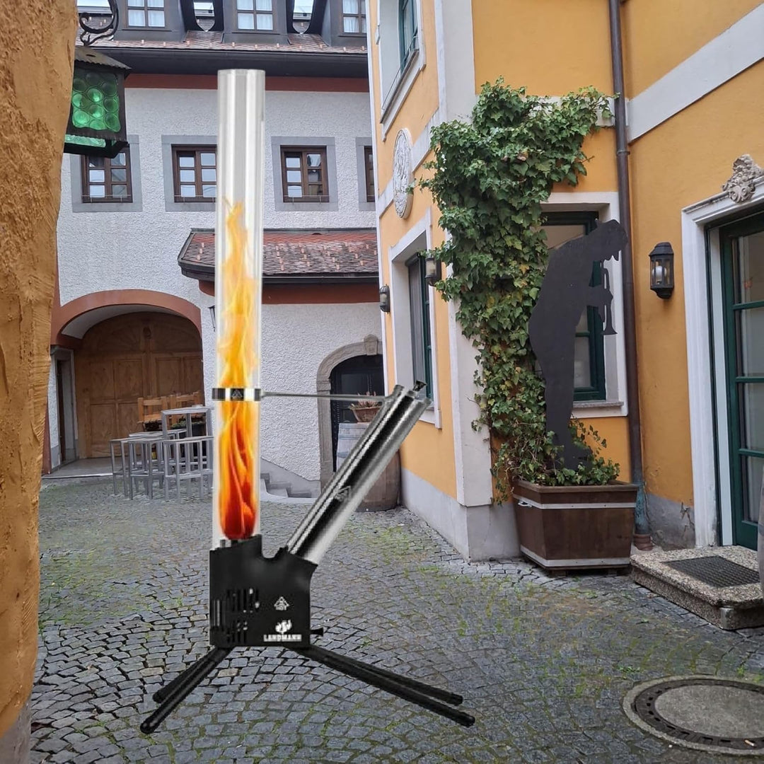 Feuersäule Schwarz/Silber – Outdoor Pellet Feuerstelle 126,5 cm mit Borosilikat-Glasrohr, raucharm,