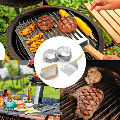 Onlyfire Edelstahl Grillbesteck Set, 4-Teilig Grillkoffer Set mit Runder Burgerpresse, Grillspachtel