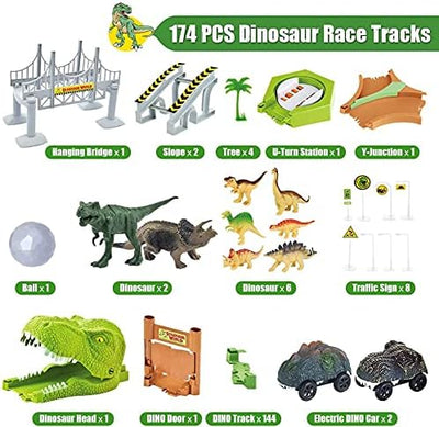 174 Stück Rennstrecke Spielzeuge Flexible Zugbahnen mit 8 Dinosaurier-Figuren,2 elektrische Rennauto