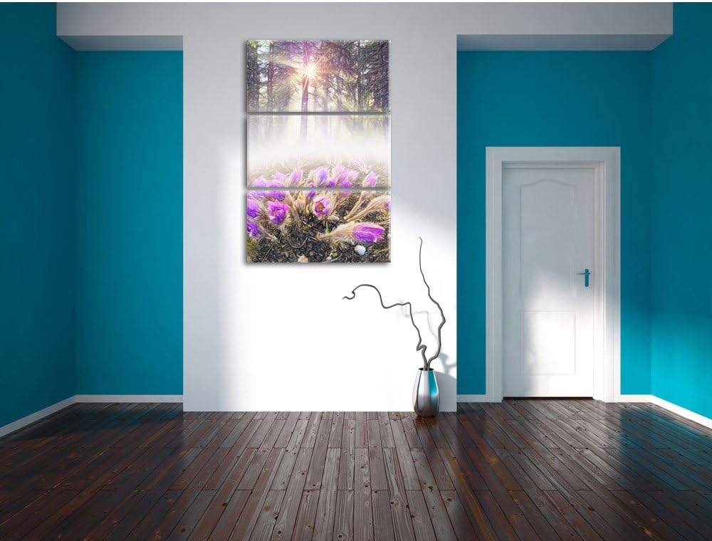 Pixxprint blühende lila Blumen im Wald Kunst Buntstift Effekt 3-Teiler Leinwandbild 120x80 Bild auf