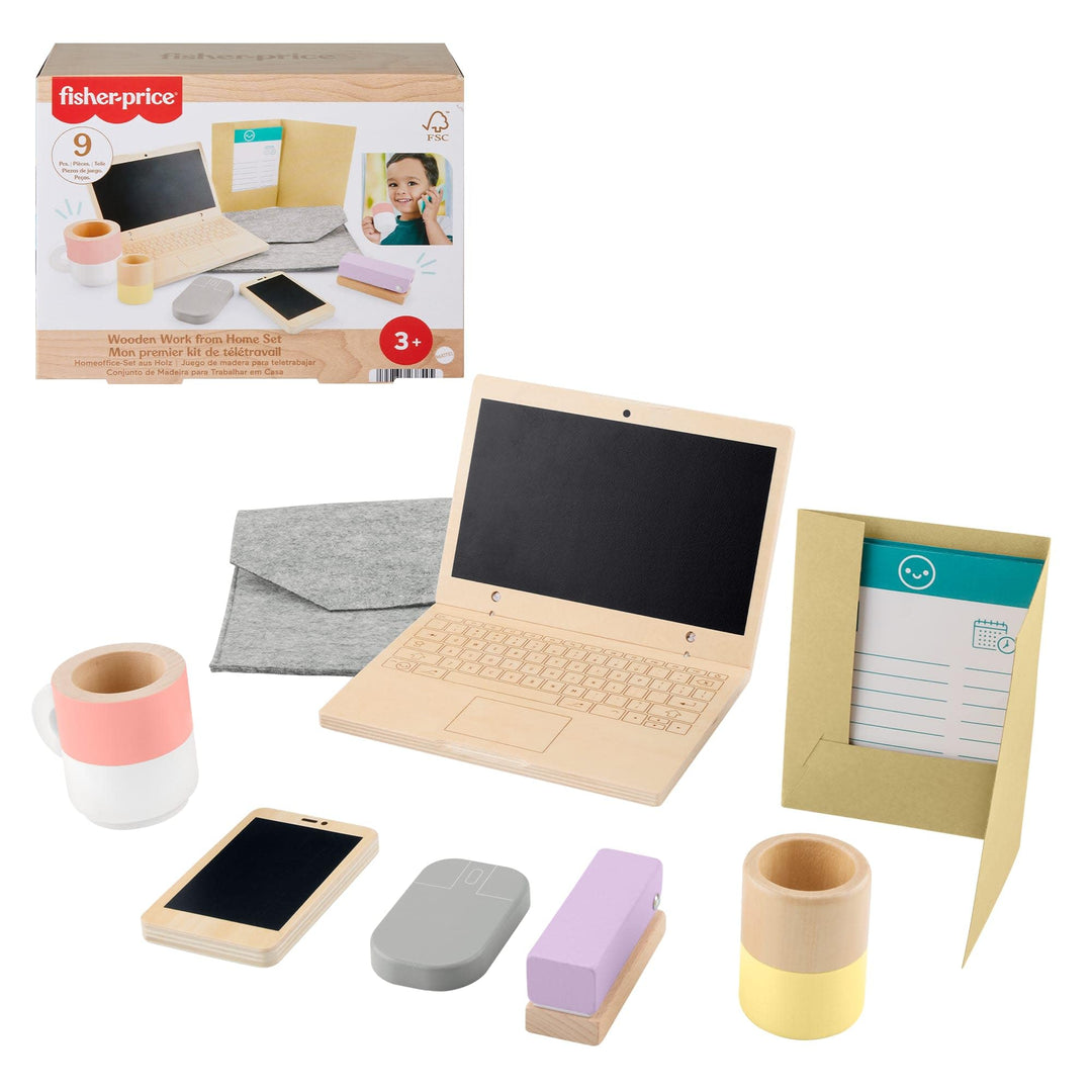 Fisher-Price Homeoffice-Set aus Holz für Kindergartenkinder, 9 Zubehörteile mit Holz-Laptop und -Tel