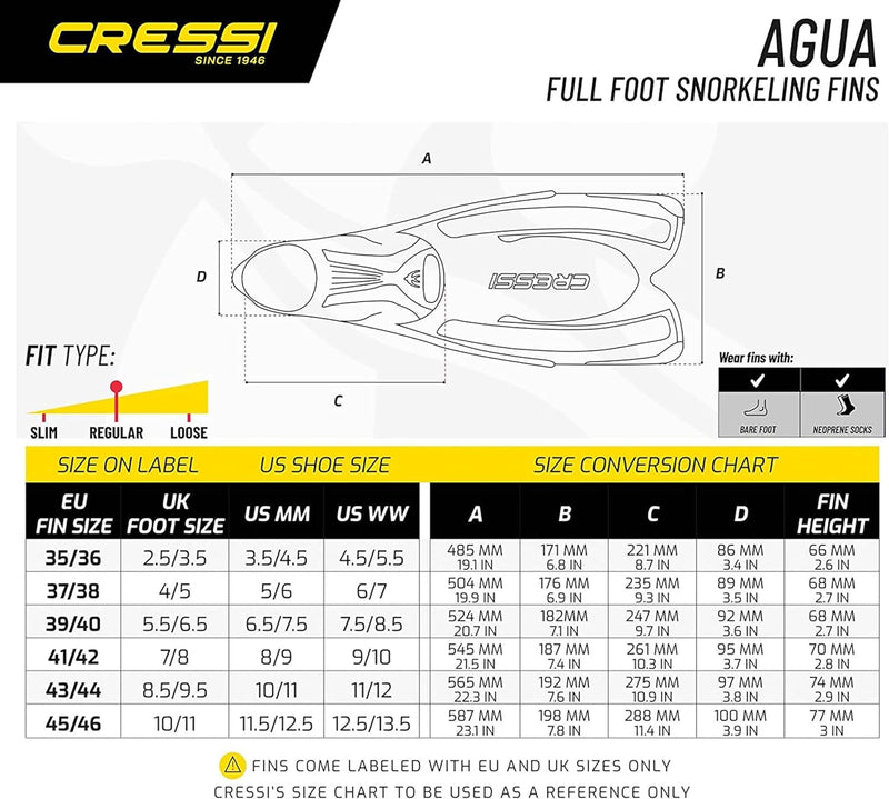 Cressi Agua Premium Flossen Self Adjusting zum Tauchen, Apnoe, Schnorcheln und Schwimmen Gelb 45/46