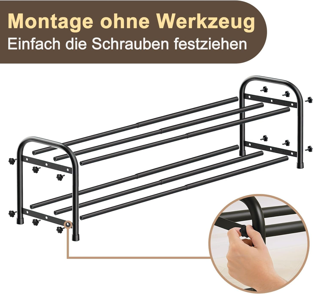 Schuhregal schmal klein ausziehbar 2 Ebenen, Schuhschrank schwarz Metall, Breite 43-78 cm, für Kleid