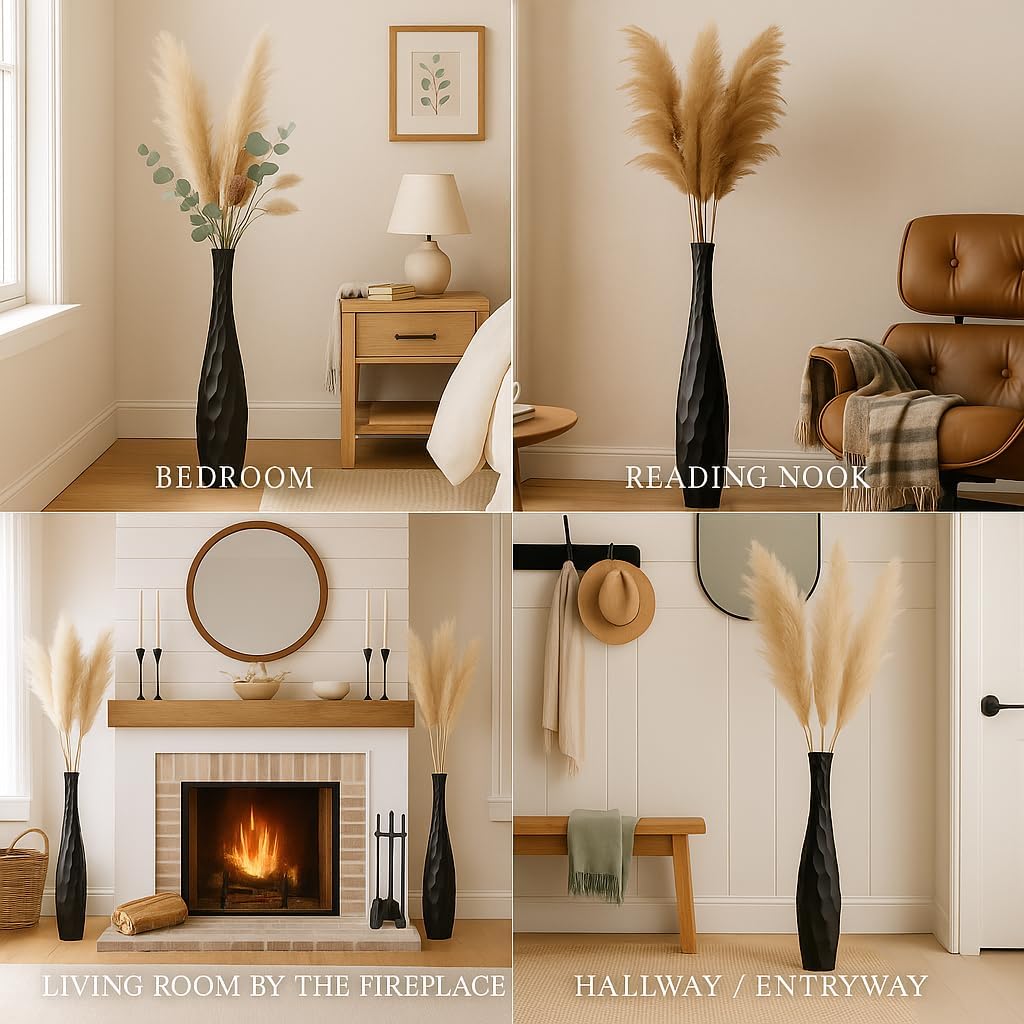 Leewadee Grosse Bodenvase für Dekozweige hohe Standvase Design Holzvase, Holz, 90 cm, Schwarz 90 cm