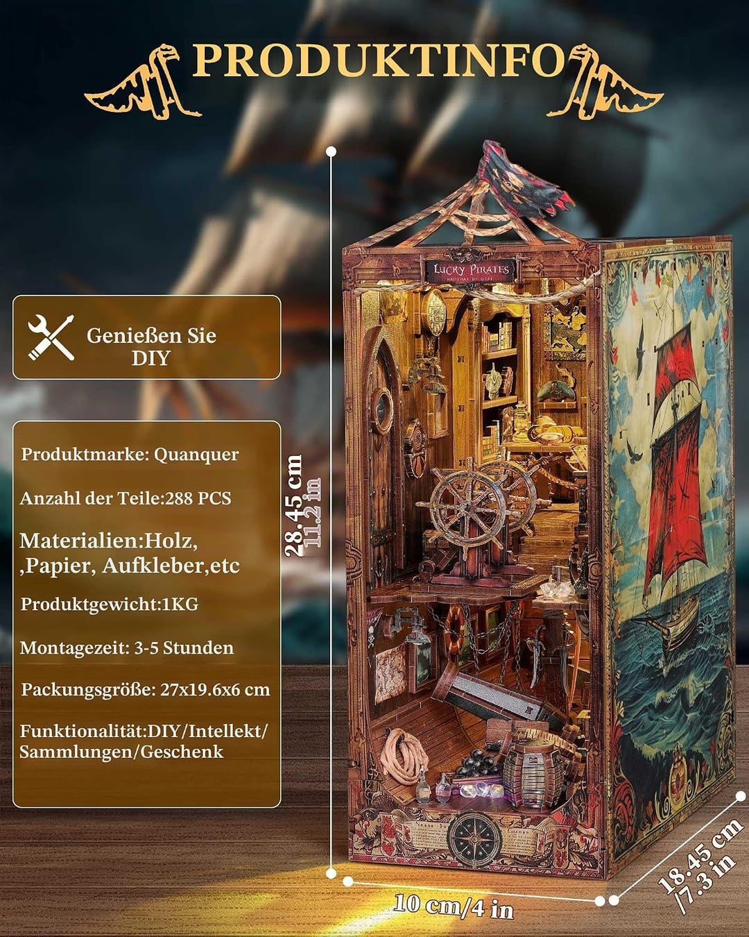 Quanquer DIY Book Nook Kit für Erwachsene_mit Staubschutz und LED-Licht 3D hölzerne Miniatur Puppenh